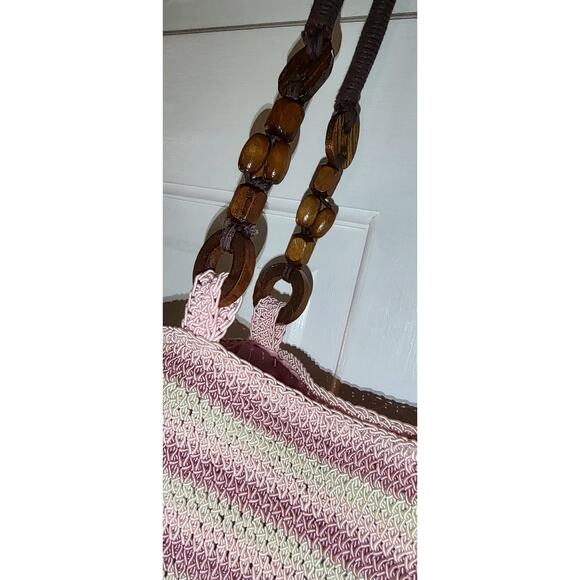 Studio Works - Pink & Cream Stripe Woven Bag w/ Wood Strap Accents - Picture 10 of 10